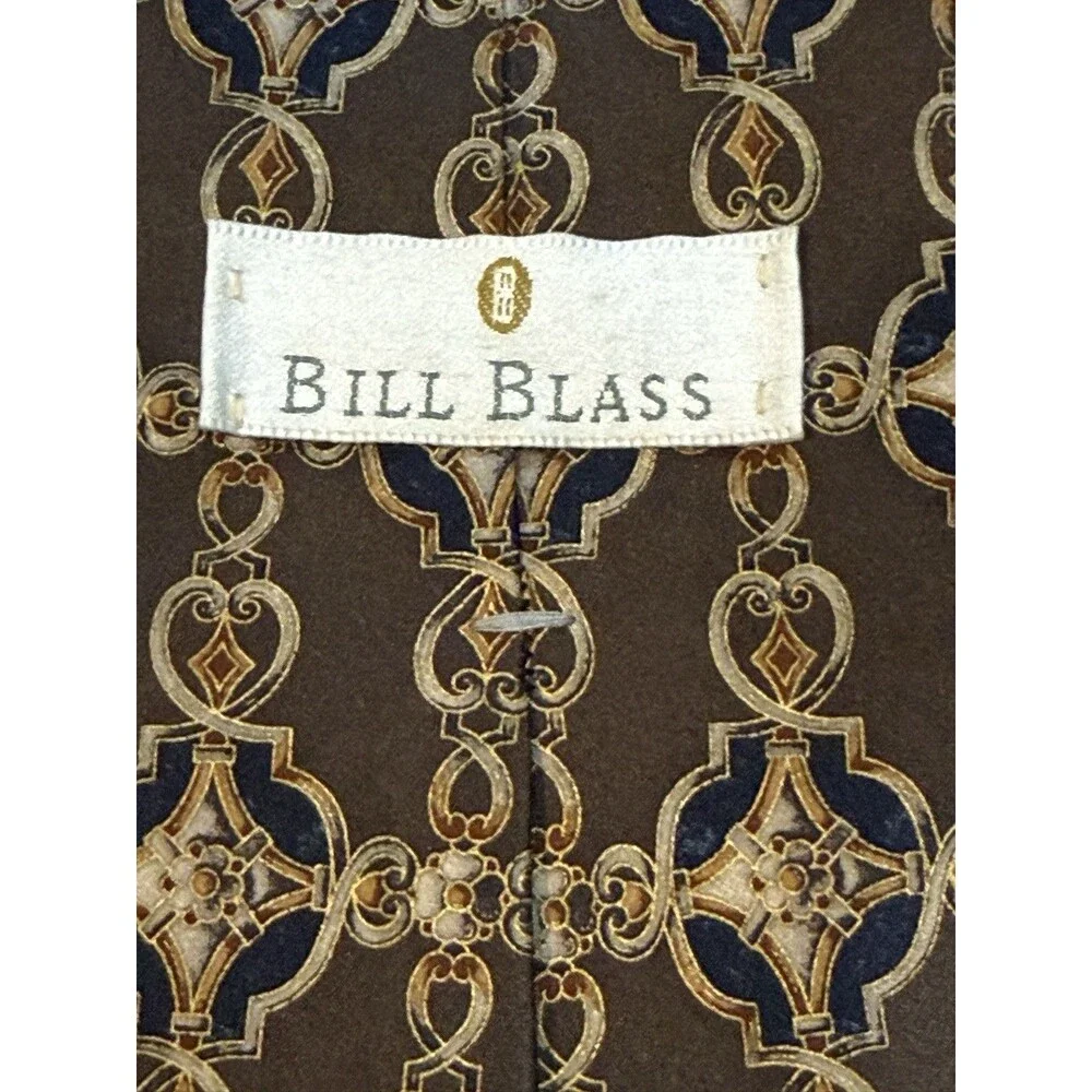 Bill Blass Men's 100% Silk Tie Brown Blue Gold Medallion Executive Necktie